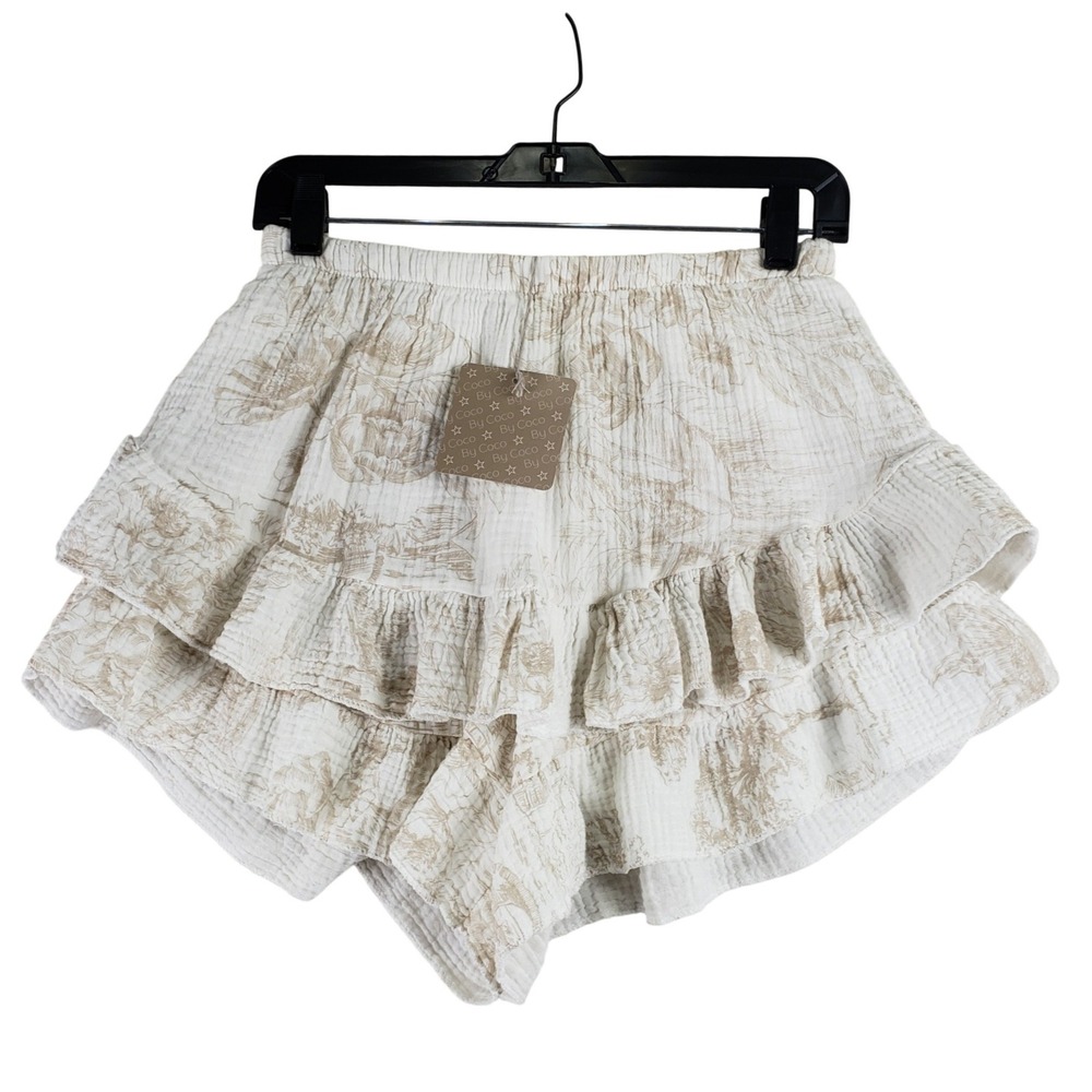 By Coco Cottagecore Floral Toile Ruffle Shorts Women One Size Cream Boho Coastal